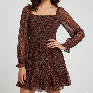 Lily Rose Smocked Black Red Floral Small Mini Dress